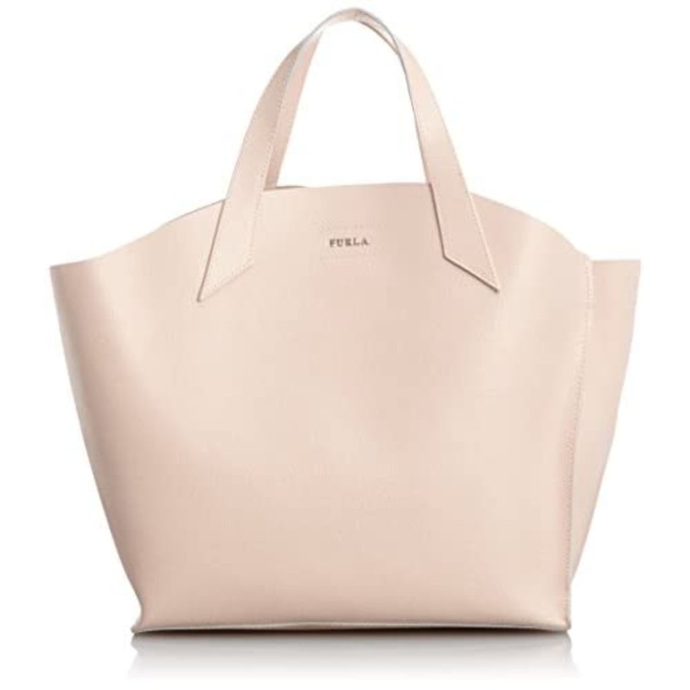 Furla Jucca Small Saffiano Beige Tan Leather Tote Logo Handbag Purse Bag